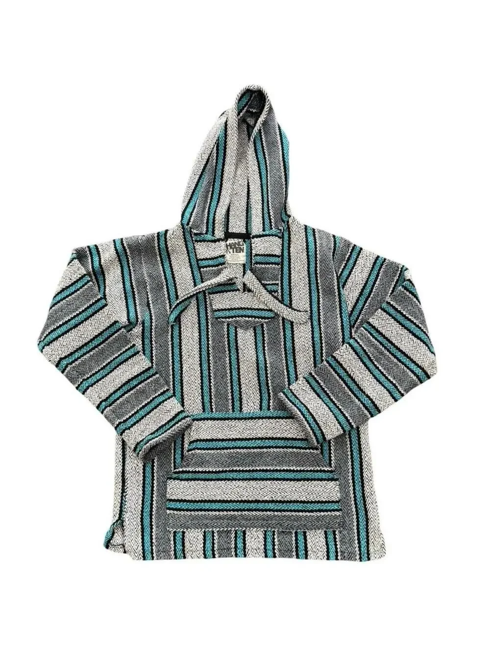 Vintage Hang Ten Baja Hoodie Drug Rug Mexican Pancho Large blue Gray textured
